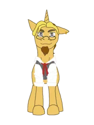 Size: 900x1200 | Tagged: safe, artist:kallisti, derpibooru import, oc, oc:golden flask, unofficial characters only, pony, unicorn, 2019 community collab, derpibooru community collaboration, ascot, beard, clothes, ear piercing, earring, facial hair, glasses, jewelry, male, piercing, ponytail, simple background, solo, transparent background, vest