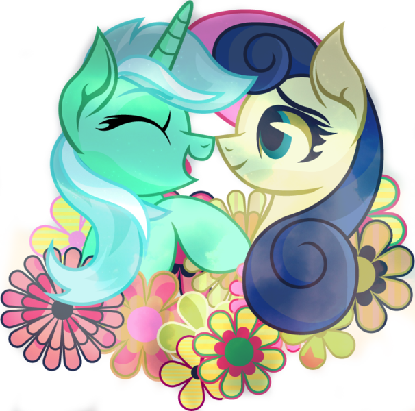 Size: 766x758 | Tagged: safe, artist:lionsca, derpibooru import, bon bon, lyra heartstrings, sweetie drops, adorabon, cute, female, flower, lesbian, lyrabetes, lyrabon, nuzzling, shipping, smiling