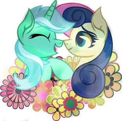 Size: 766x758 | Tagged: safe, artist:lionsca, derpibooru import, bon bon, lyra heartstrings, sweetie drops, adorabon, cute, female, flower, lesbian, lyrabetes, lyrabon, nuzzling, shipping, smiling