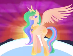 Size: 789x609 | Tagged: alicorn, artist:lionsca, balcony, derpibooru import, jewelry, princess celestia, regalia, safe, solo, spread wings, sunset, wings