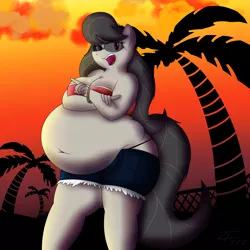 Size: 4000x4000 | Tagged: absurd resolution, anthro, artist:zeldafan777, bbw, beach, belly, belly button, big belly, breasts, clothes, crossed arms, derpibooru import, fat, fatavia, female, huge belly, large belly, looking at you, mare, midriff, obese, octavia melody, orange sky, palm tree, shorts, solo, solo female, suggestive, sunglasses, tree