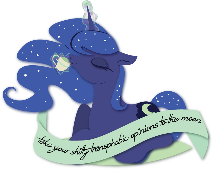 Size: 702x560 | Tagged: safe, artist:lionsca, derpibooru import, princess luna, cup, description is relevant, drinking, eyelashes, eyes closed, food, glowing horn, horn, internal outlines only, lgbt, lineless, magic, missing accessory, mouthpiece, old banner, simple background, smiling, solo, subversive kawaii, tea, telekinesis, to the moon, transgender, transparent background, vulgar, wingless