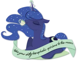 Size: 702x560 | Tagged: safe, artist:lionsca, derpibooru import, princess luna, cup, description is relevant, drinking, eyelashes, eyes closed, food, glowing horn, horn, internal outlines only, lgbt, lineless, magic, missing accessory, mouthpiece, old banner, simple background, smiling, solo, subversive kawaii, tea, telekinesis, to the moon, transgender, transparent background, vulgar, wingless