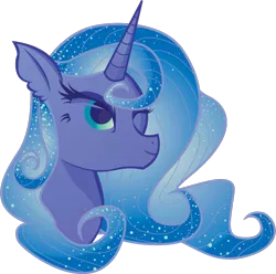 Size: 672x667 | Tagged: artist:lionsca, bust, derpibooru import, ethereal mane, eyelashes, flowing mane, galaxy mane, missing accessory, princess luna, safe, smiling, solo, sparkles