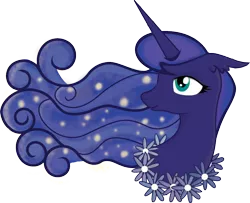 Size: 928x754 | Tagged: artist:lionsca, bust, derpibooru import, ethereal mane, flower, galaxy mane, missing accessory, princess luna, safe, solo, sparkles