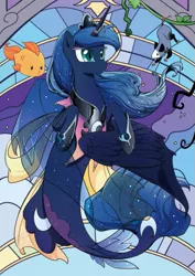 Size: 399x564 | Tagged: safe, artist:yukandasama, derpibooru import, princess luna, tiberius, alicorn, bubble fish, fish, opossum, pony, spoiler:comic, female, mare, seaponified, seapony luna, solo focus, species swap, stained glass