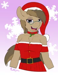 Size: 2550x3300 | Tagged: safe, artist:punk-pegasus, derpibooru import, oc, oc:dawnsong, unofficial characters only, anthro, earth pony, anthro oc, bedroom eyes, belt, breasts, bust, chest fluff, christmas, cleavage, cleavage fluff, clothes, collar, dress, eyeshadow, female, glasses, hat, holiday, holly, makeup, mare, mrs. claus costume, santa hat, snow, snowflake, solo