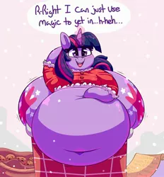 Size: 2710x2923 | Tagged: suggestive, artist:graphenescloset, derpibooru import, twilight sparkle, twilight sparkle (alicorn), alicorn, series:twily christmas drive, adorafatty, arm behind head, belly, belly button, big belly, blushing, butt, chimney, christmas, chubby cheeks, clothes, cookie, costume, crumbs, cute, embarrassed, fat, food, forgetful, high res, holiday, hoof on belly, huge butt, impossibly fat mare, impossibly large butt, incentive drive, large butt, morbidly obese, obese, plot, santa costume, scroll, snow, snowfall, squishy, stuck, the ass was fat, the ass was too fat, twiabetes, twilard sparkle, twilight has a big ass, weight gain