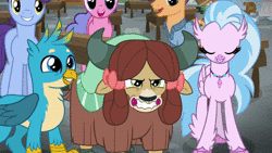 Size: 1280x720 | Tagged: safe, derpibooru import, screencap, gallus, november rain, silverstream, yona, gryphon, hippogriff, pony, yak, a rockhoof and a hard place, animated, behaving like a dog, cute, diastreamies, friendship student, gallabetes, growling, sound, webm, yonadorable