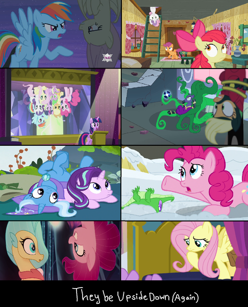 Size: 1304x1611 | Tagged: safe, derpibooru import, edit, edited screencap, screencap, apple bloom, applejack, fluttershy, gummy, mane-iac, mistress marevelous, pinkie pie, princess skystar, rainbow dash, rarity, scootaloo, spike, starlight glimmer, sweetie belle, trixie, twilight sparkle, twilight sparkle (alicorn), alicorn, alligator, bat pony, seapony (g4), a health of information, bats!, family appreciation day, my little pony: the movie, not asking for trouble, power ponies (episode), the cutie re-mark, to change a changeling, bat ponified, bed, cape, clothes, clubhouse, crusaders clubhouse, cute, cutie mark crusaders, diatrixes, female, flipped, flutterbat, glimmerbetes, hubble, hub logo, mane seven, mane six, mare, power ponies, race swap, seaponified, seapony pinkie pie, species swap, the hub, upside down