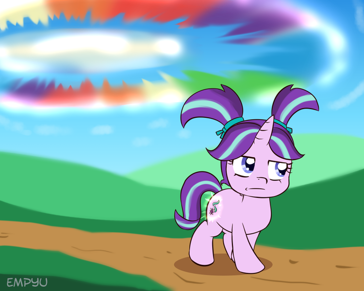 Size: 1000x800 | Tagged: safe, artist:empyu, derpibooru import, starlight glimmer, pony, unicorn, the cutie mark chronicles, cutie mark, female, filly, filly starlight glimmer, grumpy, solo, sonic rainboom, theory, unamused, walking, younger