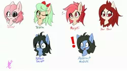 Size: 4096x2304 | Tagged: safe, artist:exxie, derpibooru import, oc, oc:abstract module, oc:har blair, oc:mayni, oc:reflect decrypt, oc:setna, oc:tezla, unofficial characters only, earth pony, pony, unicorn, blushing, bow, exclamation point, fangs, female, hair bow, heterochromia, looking at you, mare, simple background, twins, white background
