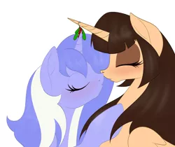 Size: 2500x2100 | Tagged: safe, artist:miniferu, derpibooru import, oc, oc:mariah wolves, oc:spring beauty, alicorn, pony, alicorn oc, eyes closed, female, horn, kissing, lesbian, mare, simple background, white background, wings