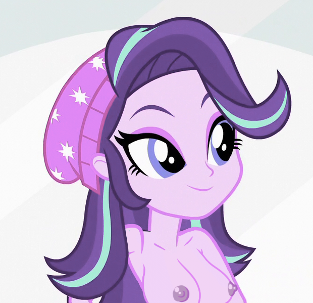 Size: 620x599 | Tagged: questionable, derpibooru import, edit, edited screencap, editor:mlp-gft, screencap, starlight glimmer, equestria girls, mirror magic, spoiler:eqg specials, areola, beanie, big breasts, breast edit, breasts, busty starlight glimmer, clothes, female, hat, nipples, nudity, partial nudity, solo, topless