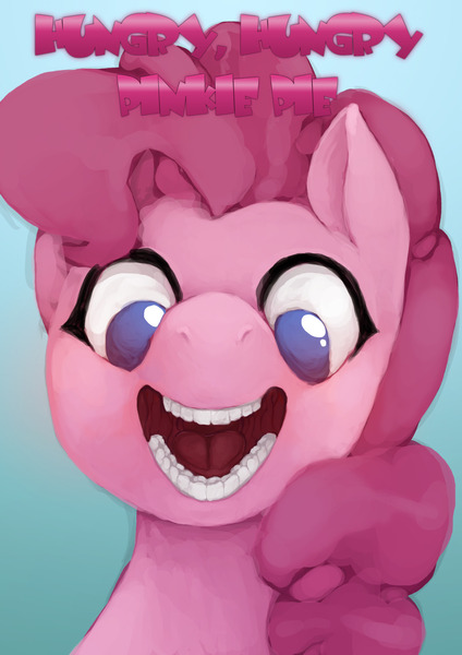 Size: 1280x1810 | Tagged: semi-grimdark, artist:ronniesponies, derpibooru import, pinkie pie, earth pony, pony, bust, female, human teeth, imminent vore, low angle, mare, mawshot, no pupils, open mouth, solo