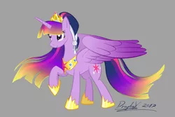 Size: 1280x853 | Tagged: safe, artist:dragbax, derpibooru import, twilight sparkle, twilight sparkle (alicorn), alicorn, pony, alternate hairstyle, big crown thingy, colored wings, element of magic, female, flowing mane, gradient mane, gradient wings, gray background, hoof shoes, jewelry, mare, older, raised hoof, recolor, regalia, signature, simple background, spread wings, ultimate twilight, wings