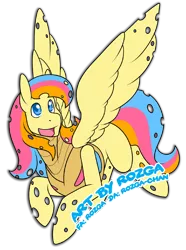 Size: 594x800 | Tagged: artist:rozga, changeling, changelingified, derpibooru import, female, flying, looking at you, mare, oc, oc:golden gates, open mouth, safe, simple background, smiling, solo, species swap, spread wings, transparent background, wings