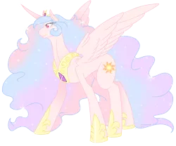 Size: 1000x833 | Tagged: safe, artist:rozga, derpibooru import, princess celestia, alicorn, pony, curved horn, female, horn, mare, simple background, solo, spread wings, standing, transparent background, wings