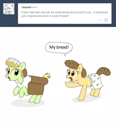 Size: 670x723 | Tagged: safe, artist:askdonutstoles, derpibooru import, oc, oc:bread pony, oc:donut stoles, unofficial characters only, bread pony, earth pony, food pony, pony, tumblr:ask donut stoles, accessory swap, ask, boxers, bread, clothes, dialogue, duo, female, food, looking back, mare, open mouth, raised hoof, simple background, smiling, thief, tumblr, underwear, white background