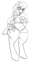 Size: 1101x1920 | Tagged: anthro, arm hooves, artist:ronniesponies, belly button, black and white, breasts, busty silver spoon, chubby, cleavage, clothes, derpibooru import, female, grayscale, lineart, midriff, monochrome, older, older silver spoon, plump, silver spoon, simple background, solo, solo female, suggestive, thighs, thunder thighs, unguligrade anthro, white background, wide hips