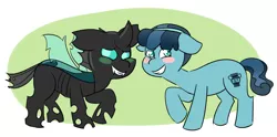 Size: 1280x634 | Tagged: safe, artist:winterwithers, derpibooru import, crystal hoof, thorax, changeling, pony, the times they are a changeling, blushing, cute, disguise, disguised changeling, duality, duo, floppy ears, thorabetes