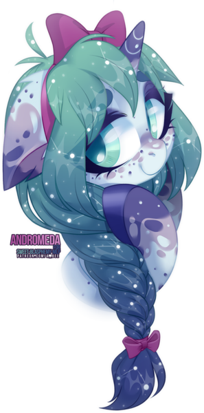 Size: 989x2000 | Tagged: safe, artist:zombie, derpibooru import, oc, oc:andromeda, unofficial characters only, pony, unicorn, bow, braid, bust, female, hair bow, mare, simple background, solo, transparent background