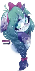 Size: 989x2000 | Tagged: safe, artist:zombie, derpibooru import, oc, oc:andromeda, unofficial characters only, pony, unicorn, bow, braid, bust, female, hair bow, mare, simple background, solo, transparent background