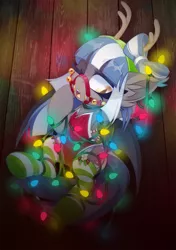 Size: 1055x1500 | Tagged: suggestive, artist:zombie, derpibooru import, oc, oc:midnight rush, unofficial characters only, bat pony, pony, armpits, bat pony oc, bat wings, bridle, christmas, christmas lights, clothes, female, holiday, mare, socks, solo, solo female, striped socks, tack, tangled up, wings