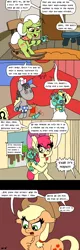 Size: 800x2500 | Tagged: safe, artist:bjdazzle, derpibooru import, apple bloom, applejack, big macintosh, granny smith, holly the hearths warmer doll, smarty pants, earth pony, pony, best gift ever, apple family, bed, chest fluff, comic, doll, female, filly, hat, holding, horseshoes, hospital bed, implied flim flam brothers, implied scootaloo, implied sweetie belle, irony, male, mare, nurse hat, patch, playing with toys, rocking chair, rug, season 8.5 holiday gift, spool, stallion, surgery, sweet apple acres, table, thread, toy, welp