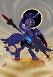 Size: 1280x1867 | Tagged: semi-grimdark, artist:dragbax, artist:dragbaxsstuff, derpibooru import, princess luna, alicorn, gryphon, pony, fanfic:eclipsed, alternate hairstyle, armor, badass, blood, braided ponytail, braided tail, cutie mark, eclipse, fanfic art, female, fight, glowing horn, helmet, horn, jewelry, magic, mare, metal claws, narrowed eyes, ponytail, rearing, solar eclipse, solo, spear, spread wings, telekinesis, tiara, warrior luna, weapon, wings