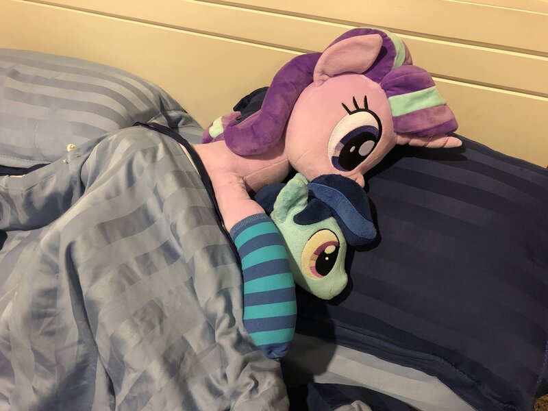 Size: 2048x1536 | Tagged: safe, artist:nekokevin, derpibooru import, starlight glimmer, oc, oc:sierra nightingale, pegasus, pony, unicorn, series:nekokevin's glimmy, bed, bedsheets, canon x oc, clothes, female, glimmgale, irl, lying down, male, mare, photo, pillow, plushie, self insert, size difference, smiling, socks, stallion, striped socks