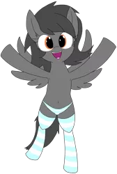 Size: 1808x2688 | Tagged: suggestive, artist:wafflecakes, derpibooru import, oc, oc:charcoal, unofficial characters only, pegasus, pony, armpits, blue underwear, clothes, crotch bulge, cute, panties, simple background, socks, striped socks, striped underwear, transparent background, underwear