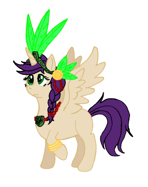 Size: 1412x1787 | Tagged: safe, artist:edhelistar, derpibooru import, oc, oc:princess itzpapalotl, unofficial characters only, alicorn, pony, alicorn oc, blank flank, feather, female, horn, jade crown, jewelry, mare, mixed media, regalia, simple background, solo, transparent background, wings