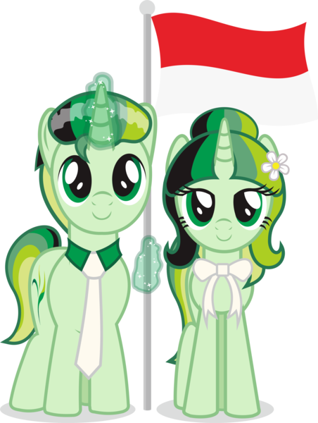 Size: 3619x4805 | Tagged: safe, artist:alphatea, derpibooru import, oc, oc:alpha tea, oc:camellia yasmina, pony, unicorn, 2019 community collab, derpibooru community collaboration, alphellia, bangs, bun hairstyle, cute, female, flag, flag pole, flower, indonesia, indonesian flag, magic, male, mare, necktie, ribbon, simple background, smiling, stallion, standing, transparent background, waving