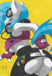 Size: 868x1262 | Tagged: suggestive, artist:charlescaw, artist:leche, derpibooru import, oc, unofficial characters only, anthro, unicorn, breasts, clothes, fingerless gloves, glasses, gloves, headphones, looking at you, not vinyl scratch, trace, traditional art, underboob