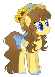 Size: 988x1390 | Tagged: safe, artist:mintoria, derpibooru import, oc, oc:sunny flower, unofficial characters only, earth pony, pony, bow, female, freckles, hat, mare, simple background, solo, straw hat, tail bow, transparent background