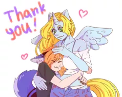 Size: 2500x2000 | Tagged: :3, alicorn, alicorn oc, anthro, artist avatar, artist:cactus_kun, boob smothering, bra, bra strap, breasts, clothes, derpibooru import, floating heart, fox ears, fox tail, head pat, heart, height difference, horn, hug, jeans, kitsune, oc, oc:graceful charity, off shoulder, open fly, panties, pants, pat, safe, shirt, simple background, smothering, spread wings, unbuttoned, underwear, unofficial characters only, white background, white underwear, wings