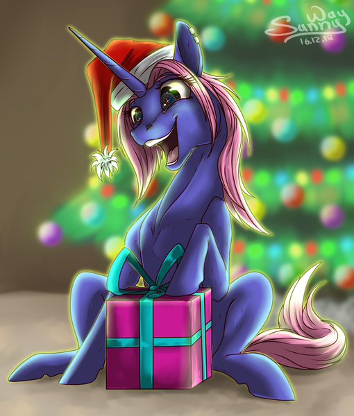 Size: 1000x1176 | Tagged: safe, artist:sunny way, derpibooru import, oc, unofficial characters only, pony, unicorn, christmas, christmas tree, commission, cute, female, finished commission, general, happy, hat, holiday, mare, new year, open mouth, present, rcf community, santa hat, solo, tree, ych result