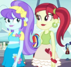 Size: 1107x1046 | Tagged: safe, derpibooru import, screencap, aqua blossom, rainbow dash, rose heart, equestria girls, equestria girls series, rollercoaster of friendship, cropped