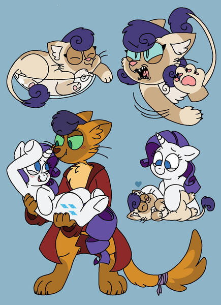Size: 1024x1413 | Tagged: abyssinian, anthro, artist:sandwichbuns, blue background, capperbetes, capper dapperpaws, capperity, clothes, coat, cute, derpibooru import, female, hybrid, interspecies offspring, male, my little pony: the movie, oc, ocbetes, oc:yarnball, offspring, parent:capper, parent:rarity, parents:capperity, rarity, safe, shipping, simple background, straight