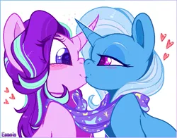 Size: 751x588 | Tagged: safe, artist:esmeia, derpibooru import, starlight glimmer, trixie, pony, unicorn, bedroom eyes, blushing, cape, clothes, curved horn, cute, eye contact, eyelashes, eyeshadow, female, floating heart, hatless, heart, horn, horns are touching, kissing, leaning forward, lesbian, lidded eyes, looking at each other, makeup, mare, missing accessory, scarf, shipping, signature, simple background, smiling, sparkles, startrix, trixie's cape, white background, wide eyes