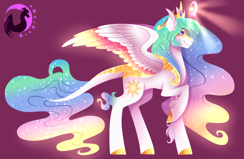 Size: 2208x1440 | Tagged: safe, artist:djspark3, derpibooru import, princess celestia, kirin, winged kirin, cloven hooves, colored hooves, colored wings, ethereal mane, female, kirinified, leonine tail, purple background, raised hoof, simple background, smiling, solo, species swap, wings