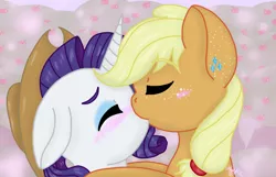 Size: 1280x822 | Tagged: safe, artist:shippingwithrarijack, derpibooru import, applejack, rarity, accessory swap, blushing, cute, daaaaaaaaaaaw, ear piercing, eyes closed, female, jackabetes, kissing, lesbian, love, passionate, piercing, raribetes, rarijack, shipping