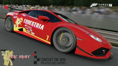 Size: 480x270 | Tagged: safe, artist:forzaveteranenigma, derpibooru import, sunset shimmer, pony, fanfic:equestria motorsports, car, circuit de spa francorchamps, driving, forza motorsport 7, lamborghini, lamborghini huracan, photo, racing