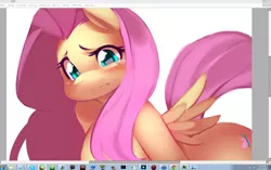 Size: 1280x805 | Tagged: anthro, artist:kanel, blushing, breasts, crying, cutie mark, derpibooru import, female, fluttershy, frown, looking at you, mare, microsoft, paint tool sai, pegasus, raised eyebrow, shoulder fluff, spread wings, suggestive, taskbar, teary eyes, windows, windows 7, wings