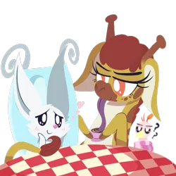 Size: 1000x1000 | Tagged: safe, artist:dragonpone, derpibooru import, angel bunny, clementine, bird, giraffe, rabbit, yakity-sax, angina, animal, blushing, chair, confused, cup, drinking, female, floating heart, floppy ears, food, heart, lidded eyes, long tongue, male, question mark, shipping, simple background, smiling, straight, table, tea, teacup, tongue out, transparent background