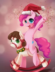 Size: 1870x2420 | Tagged: suggestive, artist:guinefurrie, derpibooru import, pinkie pie, oc, earth pony, pony, bell, bell collar, blushing, bondage, bridle, canon x oc, christmas, collar, confetti, female, females only, femdom, femsub, hat, holiday, mare, ponies riding ponies, riding, rocking horse bondage, santa hat, submissive, tack
