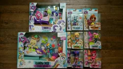 Size: 4096x2304 | Tagged: safe, derpibooru import, applejack, fluttershy, pinkie pie, rainbow dash, rarity, spike, sunset shimmer, trixie, twilight sparkle, dog, equestria girls, beach, complete set, doll, equestria girls minis, figurine, mane six, spike the dog, toy