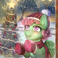 Size: 5000x5000 | Tagged: safe, artist:mintjuice, derpibooru import, oc, oc:windcatcher, unofficial characters only, pegasus, pony, absurd resolution, admiration, christmas, christmas tree, clothes, commission, female, hat, holiday, lamp, lights, mare, mittens, scarf, snow, snowfall, store, tree, window, winter, ych result