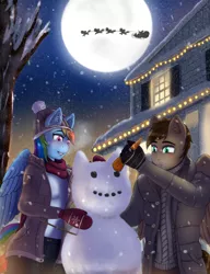 Size: 3500x4549 | Tagged: anthro, anthro oc, artist:mintjuice, carrot, christmas, clothes, commission, derpibooru import, female, food, garland, hat, holiday, house, lights, male, mare, mittens, moon, night, oc, oc:paper trail, pegasus, rainbow dash, safe, santa claus, scarf, snow, snowfall, snowman, stallion, stars, sweater, tree, window, winter, ych result